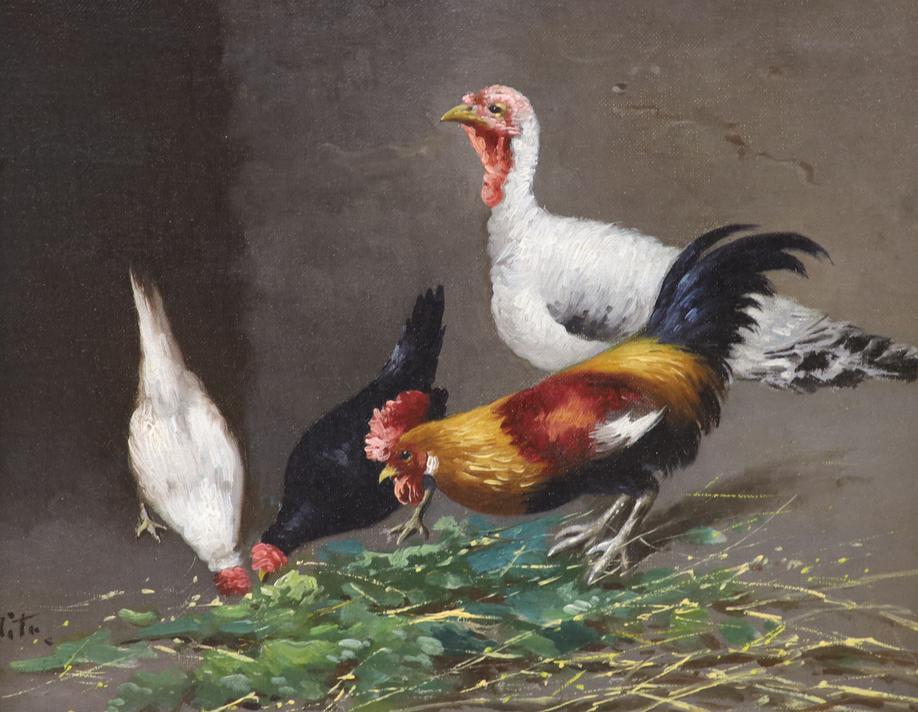 20th Century School, Turkey, cockerel and chickens, indistinctly signed, oil on canvas, 20.5 x 26cm